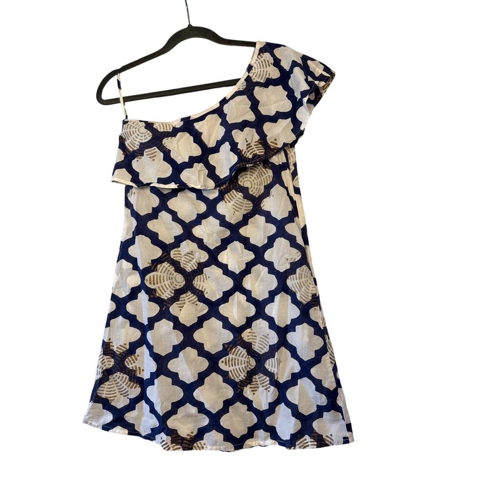 Oliphant Navy Blue White Patter One Shoulder Mini Dress Sz XS